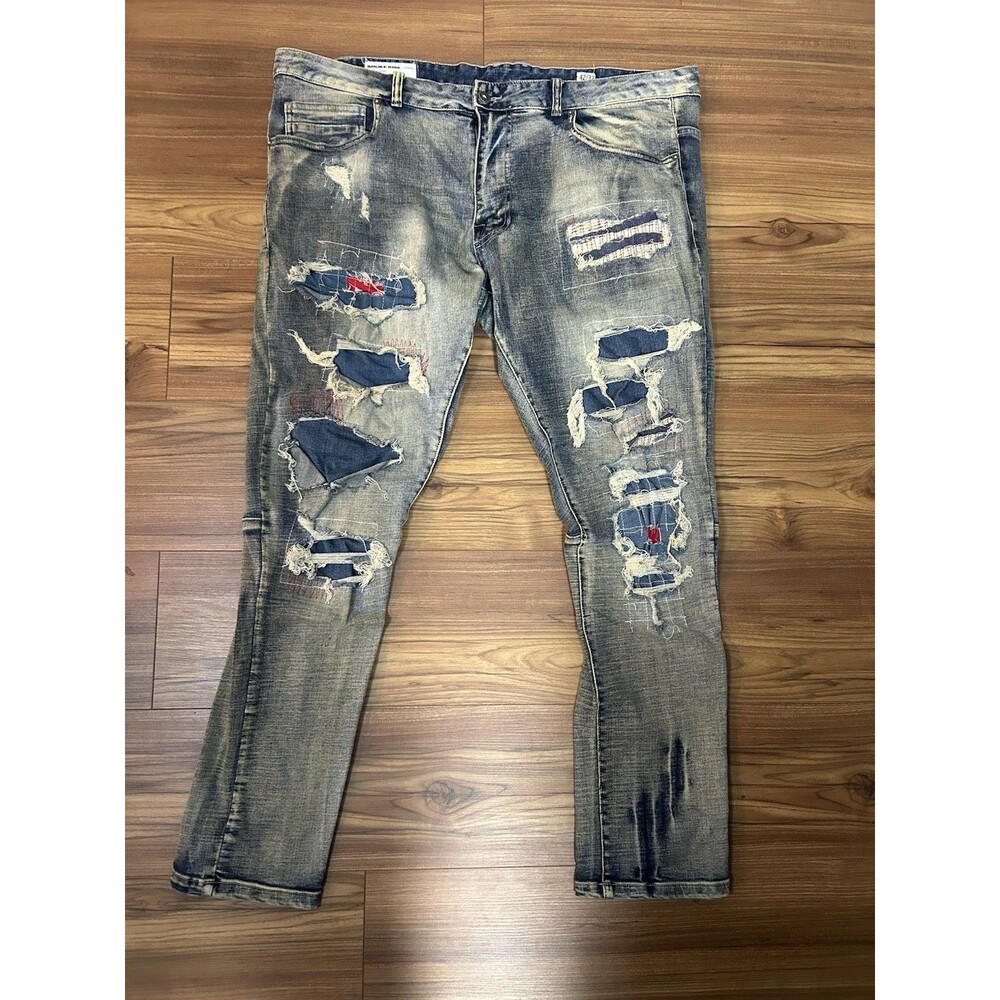 Smoke Rise Distressed Patchwork Jeans 42x32 Ripped Streetwear Slim Tapered Mens
